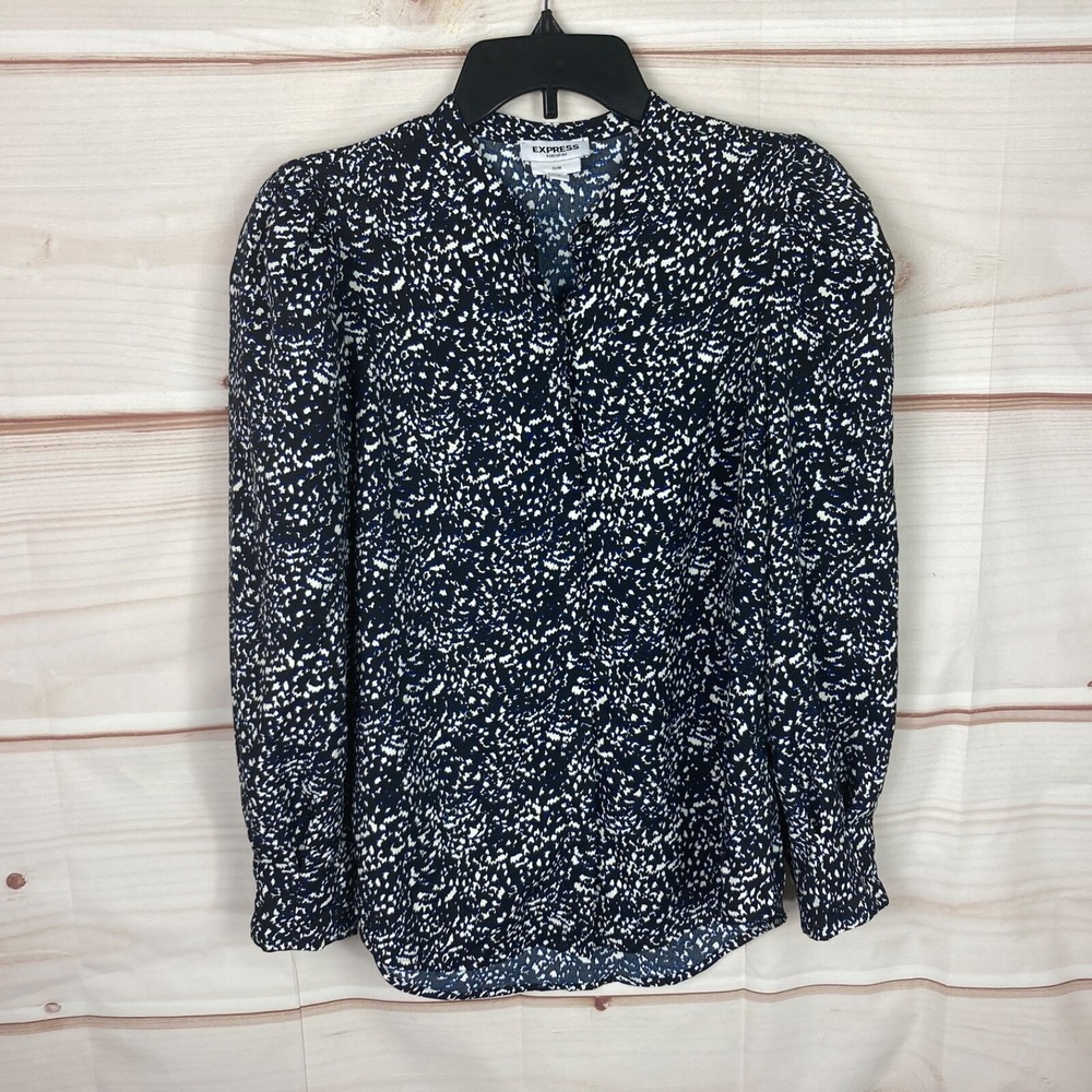 Express Top Womens S Blue Black Abstract Print Blouse Portofino Slim Puff Sleeve